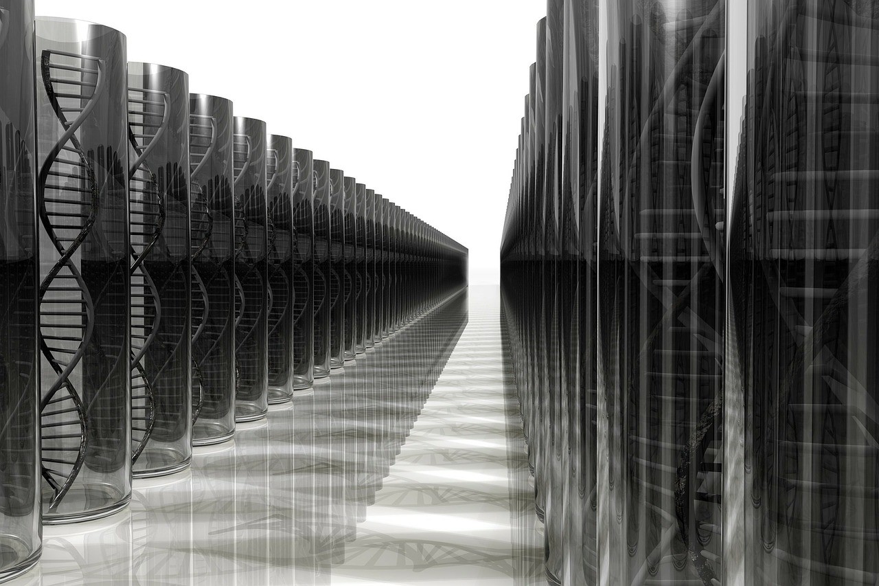 Montaje digital de un pasillo con tubos de ADN a cada lado