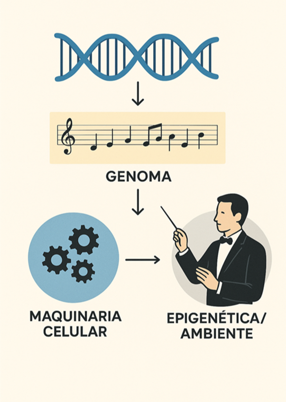 Figura 2. Metáfora del genoma como partitura interpretada por la maquinaria celular y dirigida por la epigenética y el ambiente. El conjunto de fenotipos posibles que un genotipo puede expresar según el ambiente se ha denominado norma de reacción.