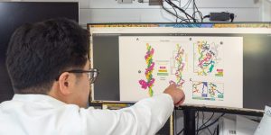 Kenneth Loi muestra cómo el ARN VIPR (en rosa) se enrosca alrededor de la doble hélice del ADN (amarillo y verde) para formar una estructura triplex única. (Foto: Glenn Ramit).