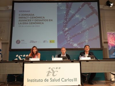 Marta Puyol, Ángel Carracedo y Juan Carrión durante la Jornada IMPaCT. Imagen: CIBER