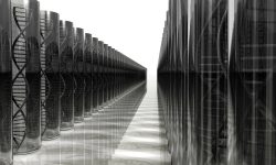 Montaje digital de un pasillo con tubos de ADN a cada lado